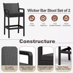 Set of 2 Black Wicker Outdoor Bar Stools with Arms & Cushions, Tall Weather-Resistant Patio Bar Height Chairs for Balcony, Garden, Pool Deck