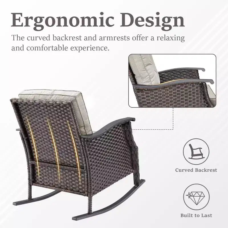 Set di 2 sedie a dondolo da esterno con cuscini, poltrone a dondolo in vimini grigio per tutte le stagioni per portico, giardino, terrazza o cortile - Panipeachy