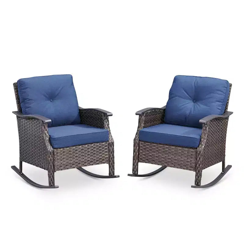Set di 2 sedie a dondolo da esterno con cuscini, poltrone a dondolo in vimini grigio per tutte le stagioni per portico, giardino, terrazza o cortile - Panipeachy