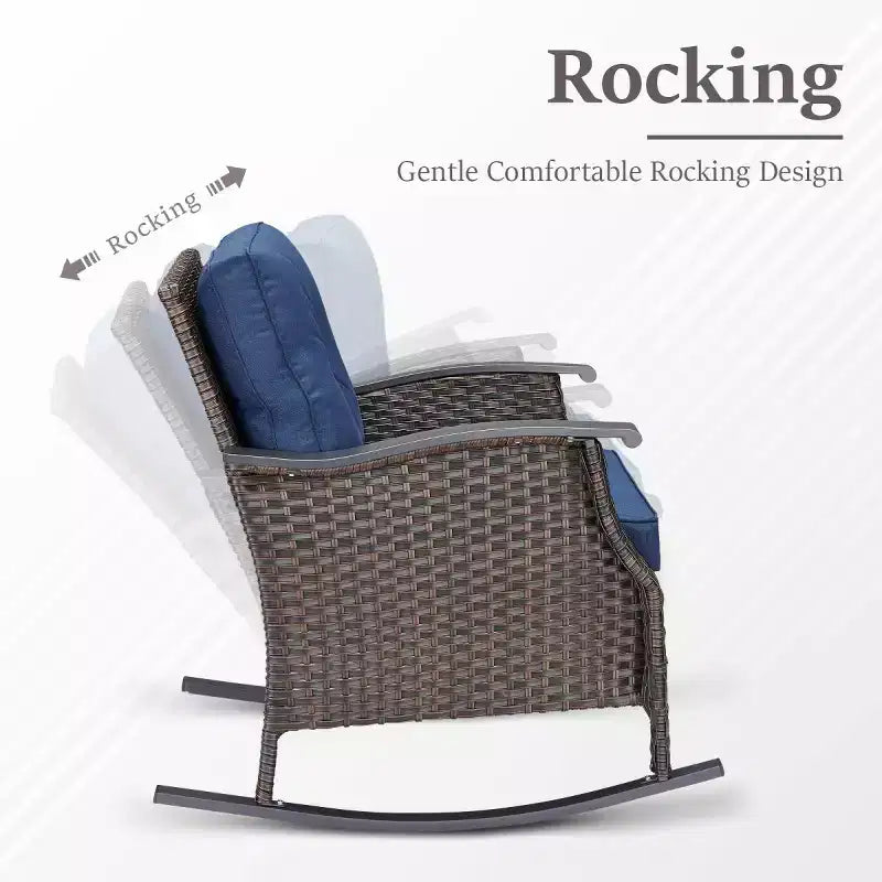Set di 2 sedie a dondolo da esterno con cuscini, poltrone a dondolo in vimini grigio per tutte le stagioni per portico, giardino, terrazza o cortile - Panipeachy