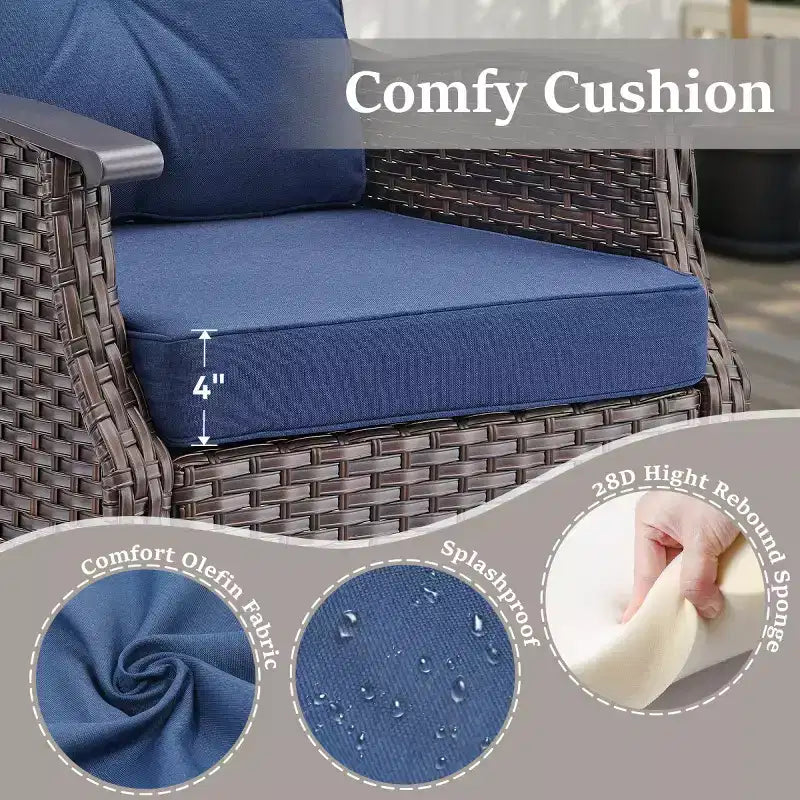 Set di 2 sedie a dondolo da esterno con cuscini, poltrone a dondolo in vimini grigio per tutte le stagioni per portico, giardino, terrazza o cortile - Panipeachy