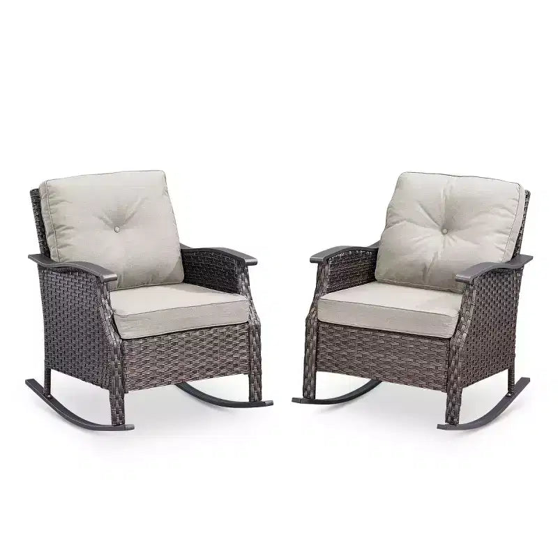 Set di 2 sedie a dondolo da esterno con cuscini, poltrone a dondolo in vimini grigio per tutte le stagioni per portico, giardino, terrazza o cortile - Panipeachy
