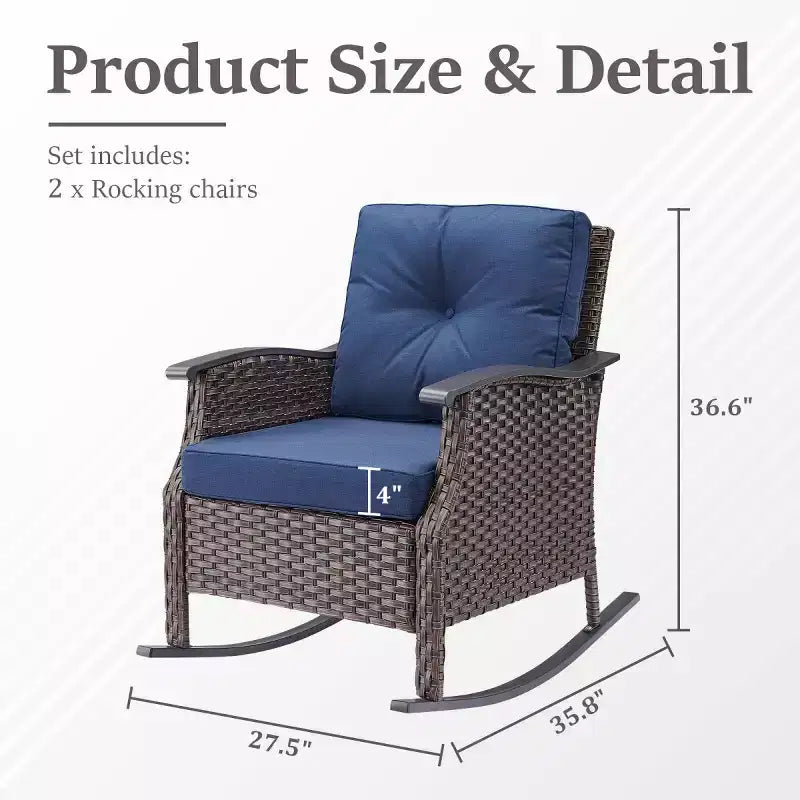 Set di 2 sedie a dondolo da esterno con cuscini, poltrone a dondolo in vimini grigio per tutte le stagioni per portico, giardino, terrazza o cortile - Panipeachy