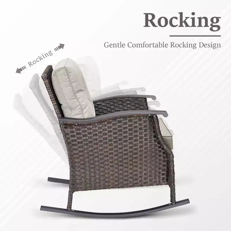 Set di 2 sedie a dondolo da esterno con cuscini, poltrone a dondolo in vimini grigio per tutte le stagioni per portico, giardino, terrazza o cortile - Panipeachy
