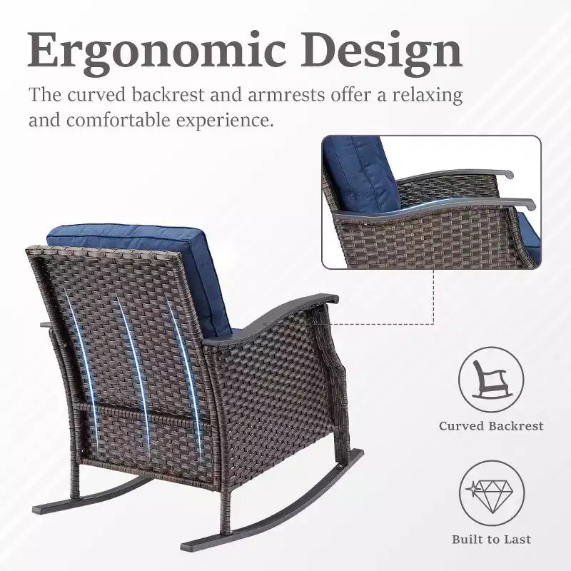 Set di 2 sedie a dondolo da esterno con cuscini, poltrone a dondolo in vimini grigio per tutte le stagioni per portico, giardino, terrazza o cortile - Panipeachy