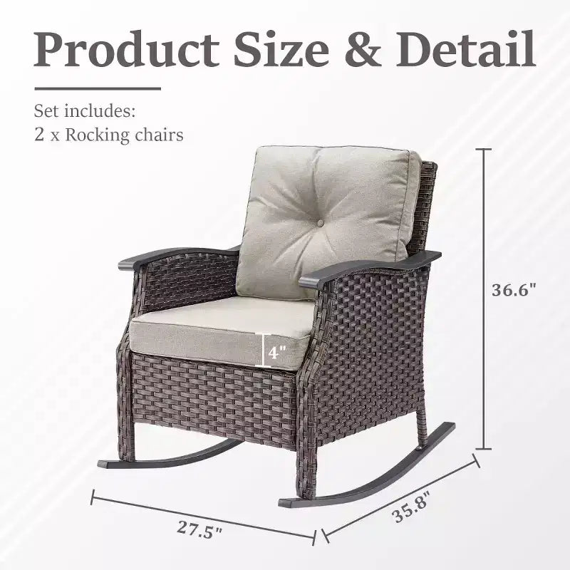 Set di 2 sedie a dondolo da esterno con cuscini, poltrone a dondolo in vimini grigio per tutte le stagioni per portico, giardino, terrazza o cortile - Panipeachy