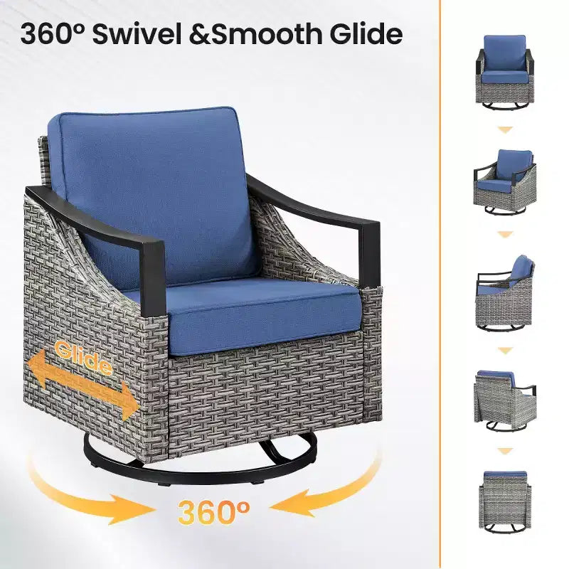 Set of 2 Outdoor Swivel Chairs, All-Weather Gray Wicker Patio Glider Chairs with Cushions for Porch, Backyard, Garden, or Deck-Panipeachy