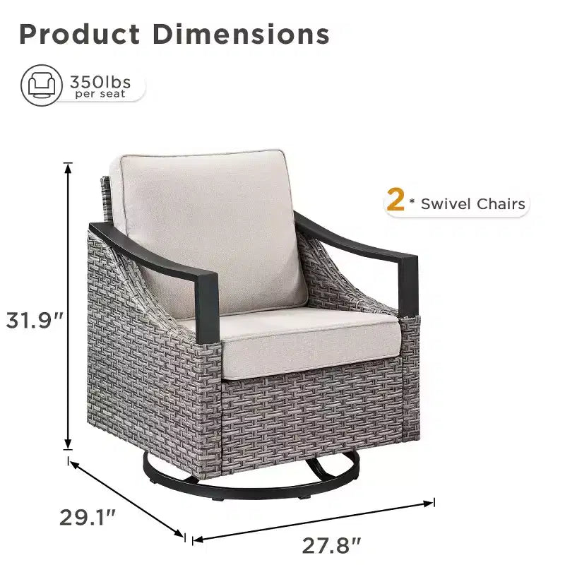 Set of 2 Outdoor Swivel Chairs, All-Weather Gray Wicker Patio Glider Chairs with Cushions for Porch, Backyard, Garden, or Deck-Panipeachy