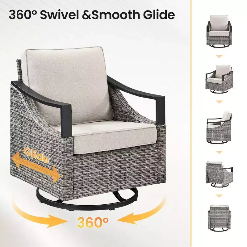 Set of 2 Outdoor Swivel Chairs, All-Weather Gray Wicker Patio Glider Chairs with Cushions for Porch, Backyard, Garden, or Deck-Panipeachy