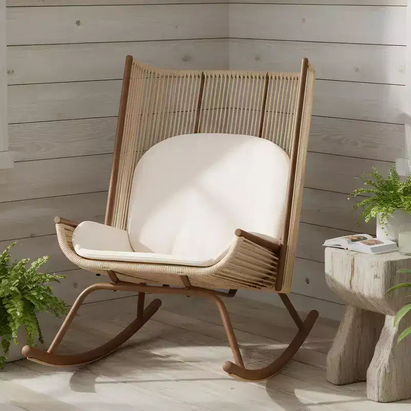 ModernLuxe Sedia a Dondolo da Esterno con Schienale ad Arco Alto e Cuscino, Dondolo da Patio in Rattan PE, Sedia a Sdraio Moderna in Vimini