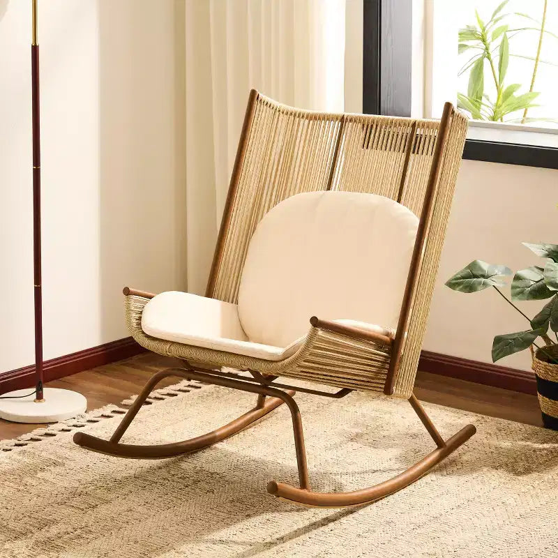ModernLuxe Sedia a Dondolo da Esterno con Schienale ad Arco Alto e Cuscino, Dondolo da Patio in Rattan PE, Sedia a Sdraio Moderna in Vimini