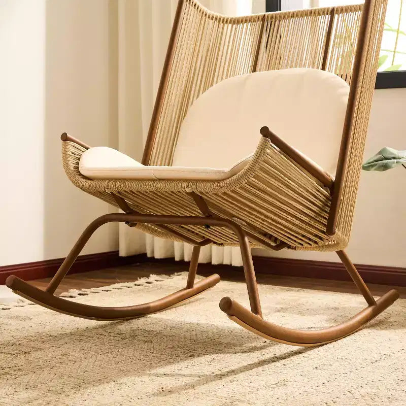 ModernLuxe Sedia a Dondolo da Esterno con Schienale ad Arco Alto e Cuscino, Dondolo da Patio in Rattan PE, Sedia a Sdraio Moderna in Vimini