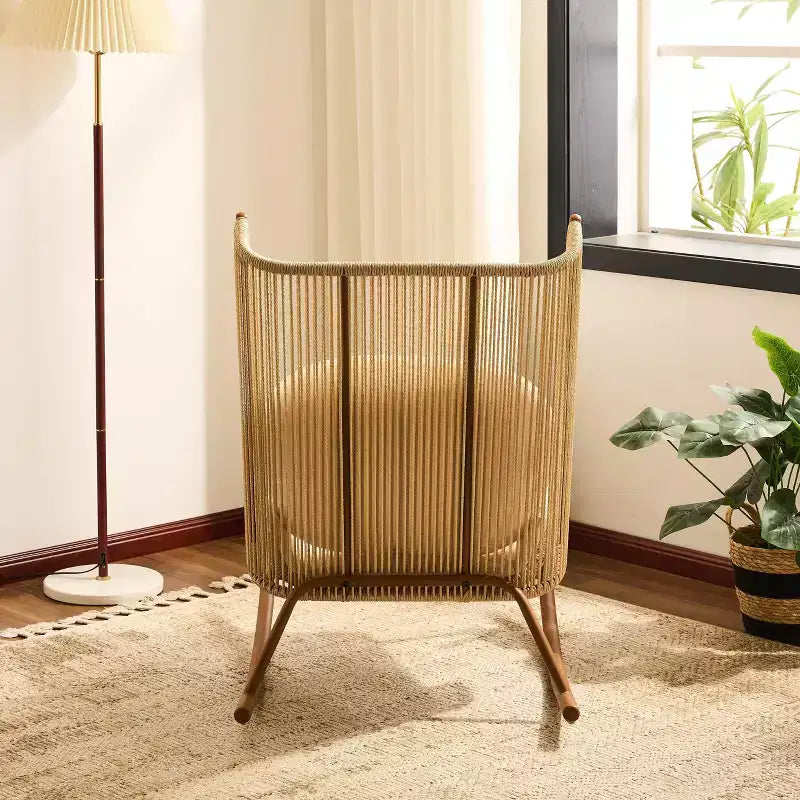 ModernLuxe Sedia a Dondolo da Esterno con Schienale ad Arco Alto e Cuscino, Dondolo da Patio in Rattan PE, Sedia a Sdraio Moderna in Vimini