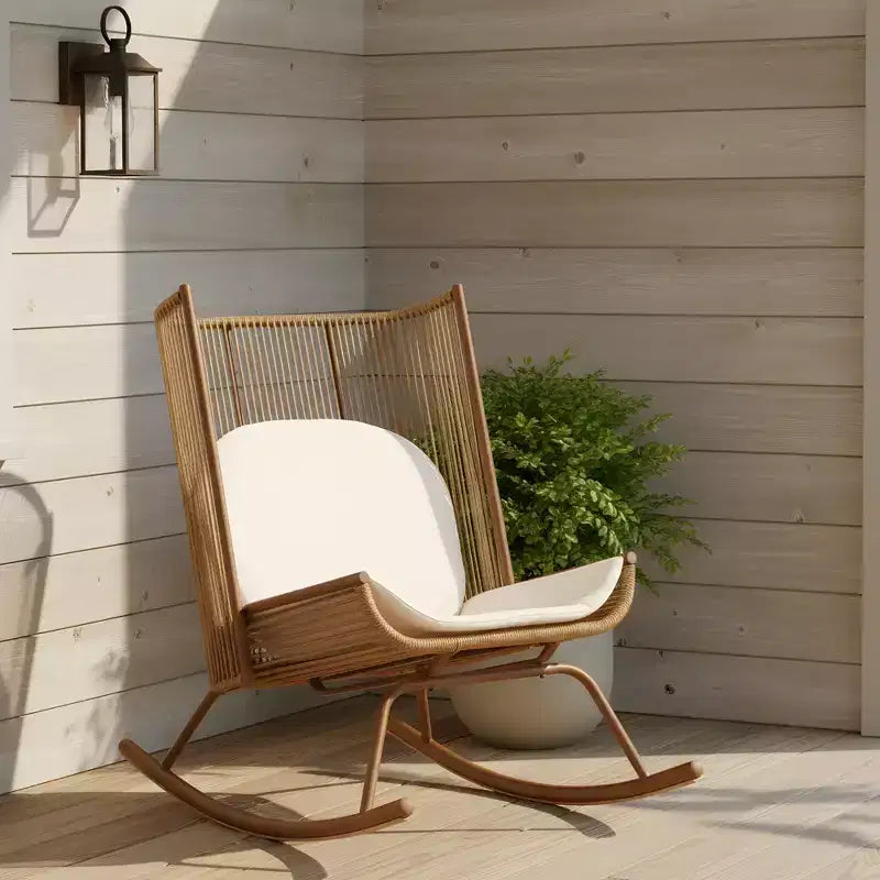 ModernLuxe Sedia a Dondolo da Esterno con Schienale ad Arco Alto e Cuscino, Dondolo da Patio in Rattan PE, Sedia a Sdraio Moderna in Vimini