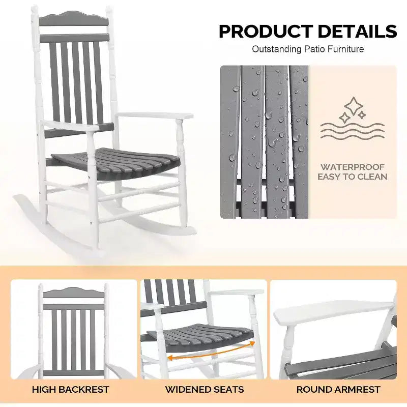 VINGLI Wooden Rocking Chair, Outdoor Chair with 450 lbs Support, Relaxing Rocker with Solid Wood High Back Seat Reclining Seat for Deck, Garden