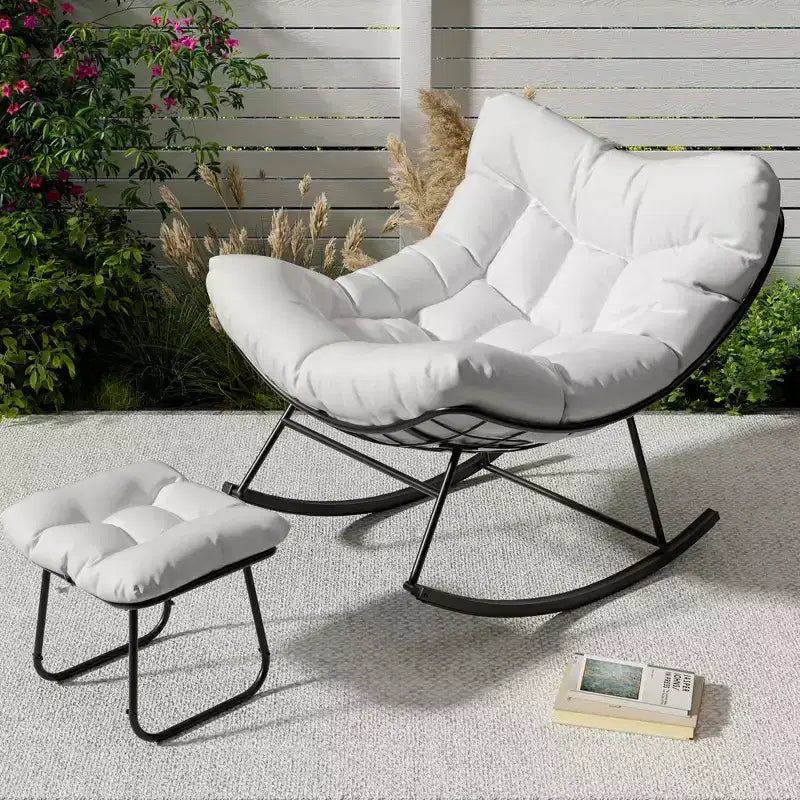 Sedia a dondolo Papasan da esterno in rattan con poggiapiedi, poltrona reclinabile e poggiapiedi da patio di grandi dimensioni, dondolo a uovo con struttura in metallo per balcone, cortile, portico, camera da letto