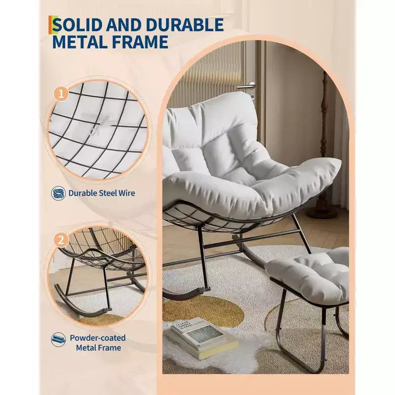 Sedia a dondolo Papasan da esterno in rattan con poggiapiedi, poltrona reclinabile e poggiapiedi da patio di grandi dimensioni, dondolo a uovo con struttura in metallo per balcone, cortile, portico, camera da letto