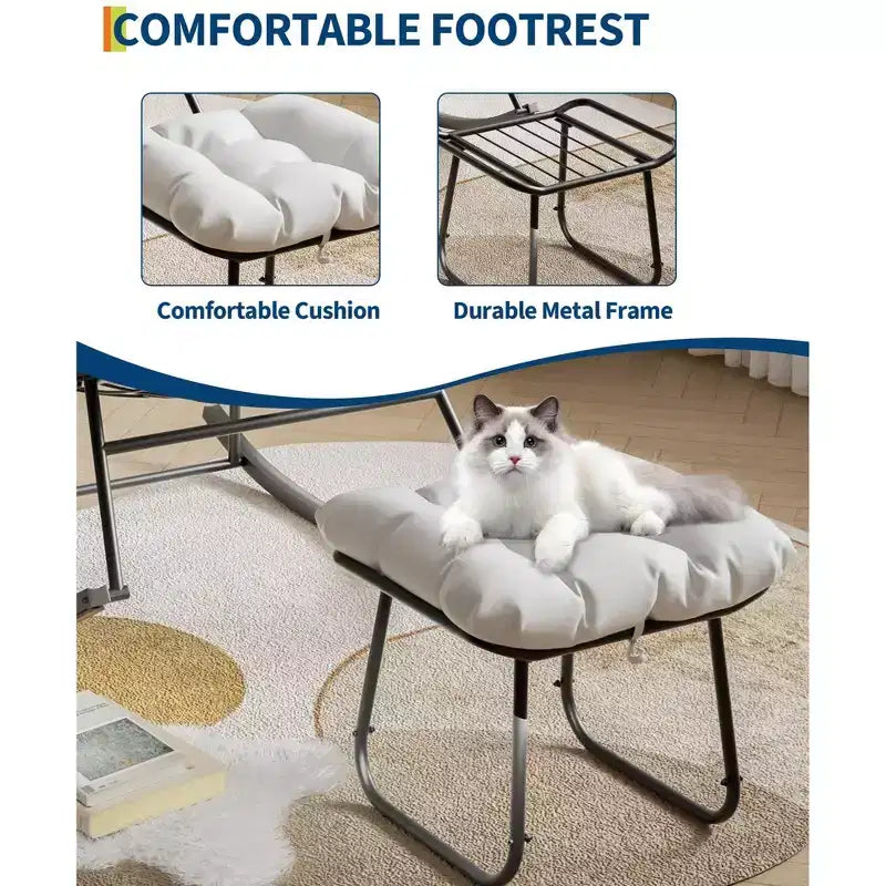 Sedia a dondolo Papasan da esterno in rattan con poggiapiedi, poltrona reclinabile e poggiapiedi da patio di grandi dimensioni, dondolo a uovo con struttura in metallo per balcone, cortile, portico, camera da letto