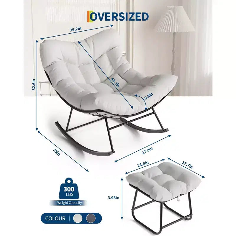 Sedia a dondolo Papasan da esterno in rattan con poggiapiedi, poltrona reclinabile e poggiapiedi da patio di grandi dimensioni, dondolo a uovo con struttura in metallo per balcone, cortile, portico, camera da letto