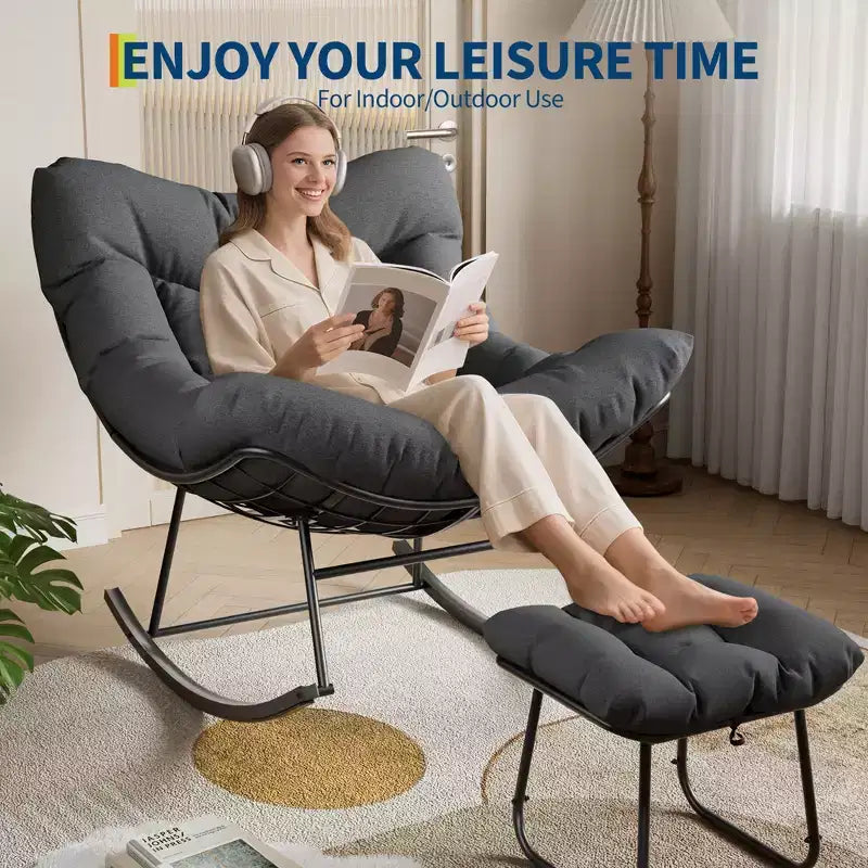 Sedia a dondolo Papasan da esterno in rattan con poggiapiedi, poltrona reclinabile e poggiapiedi da patio di grandi dimensioni, dondolo a uovo con struttura in metallo per balcone, cortile, portico, camera da letto