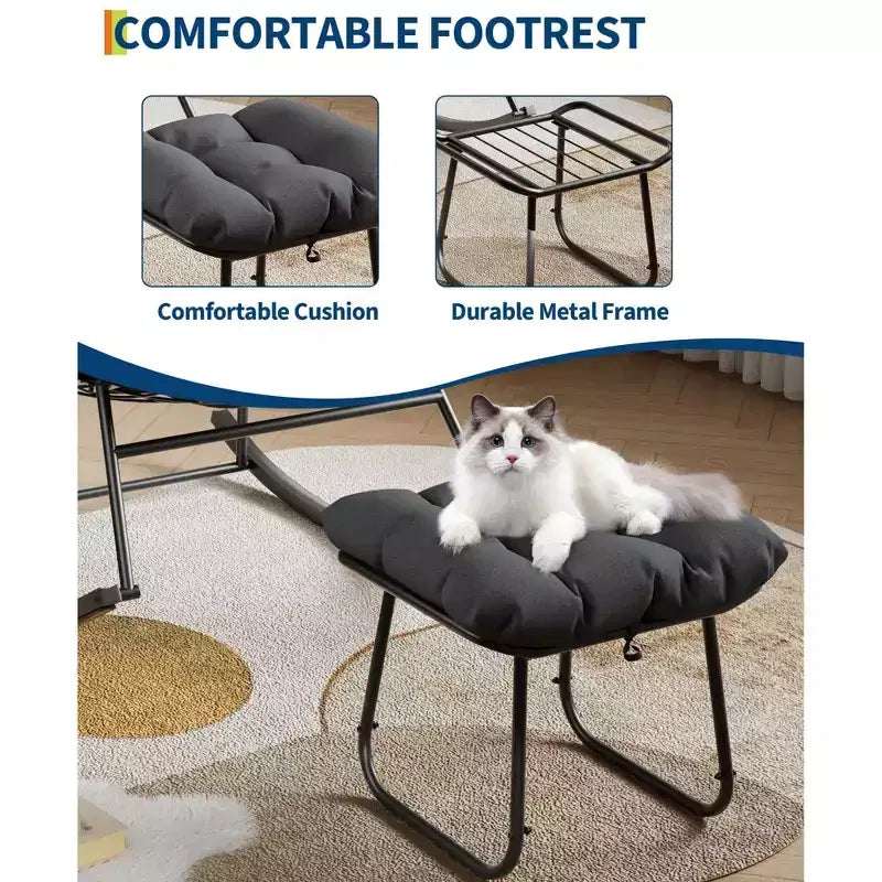 Sedia a dondolo Papasan da esterno in rattan con poggiapiedi, poltrona reclinabile e poggiapiedi da patio di grandi dimensioni, dondolo a uovo con struttura in metallo per balcone, cortile, portico, camera da letto