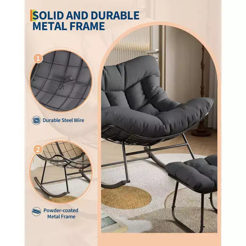 Sedia a dondolo Papasan da esterno in rattan con poggiapiedi, poltrona reclinabile e poggiapiedi da patio di grandi dimensioni, dondolo a uovo con struttura in metallo per balcone, cortile, portico, camera da letto