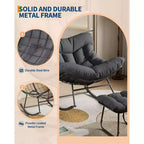 Sedia a dondolo Papasan da esterno in rattan con poggiapiedi, poltrona reclinabile e poggiapiedi da patio di grandi dimensioni, dondolo a uovo con struttura in metallo per balcone, cortile, portico, camera da letto