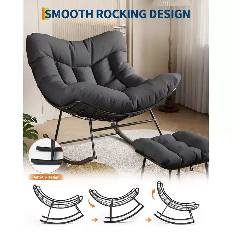 Sedia a dondolo Papasan da esterno in rattan con poggiapiedi, poltrona reclinabile e poggiapiedi da patio di grandi dimensioni, dondolo a uovo con struttura in metallo per balcone, cortile, portico, camera da letto