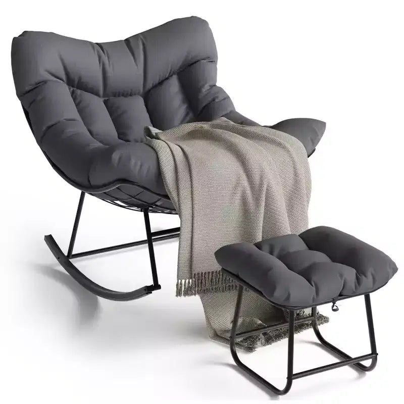Sedia a dondolo Papasan da esterno in rattan con poggiapiedi, poltrona reclinabile e poggiapiedi da patio di grandi dimensioni, dondolo a uovo con struttura in metallo per balcone, cortile, portico, camera da letto