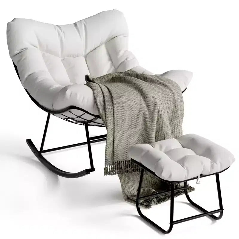 Sedia a dondolo Papasan da esterno in rattan con poggiapiedi, poltrona reclinabile e poggiapiedi da patio di grandi dimensioni, dondolo a uovo con struttura in metallo per balcone, cortile, portico, camera da letto