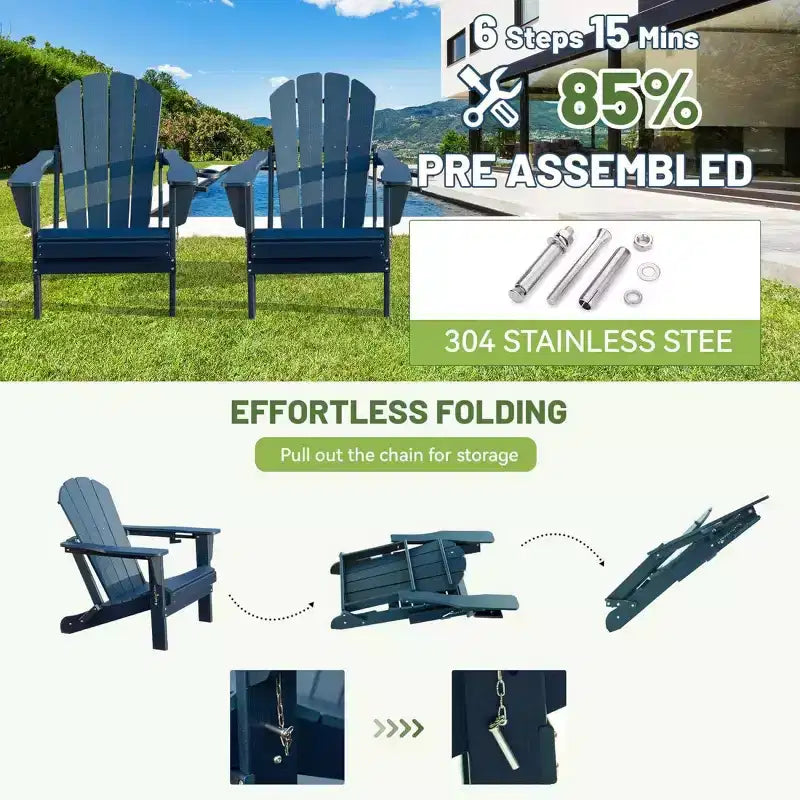 Set di 2 sedie Adirondack con portabicchieri, sedie Adirondack pieghevoli in plastica, sedie da esterno per tutte le stagioni per cortile, a bordo piscina-Panipeachy