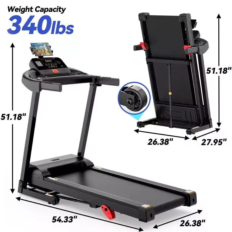 Tapis Roulant Inclinabile al 12% con Maniglia, Tapis Roulant Portatile da 3,45 HP per Casa, Tapis Roulant Pieghevole con Capacità di 154 kg, Tapis Roulant Silenzioso 3-in-1