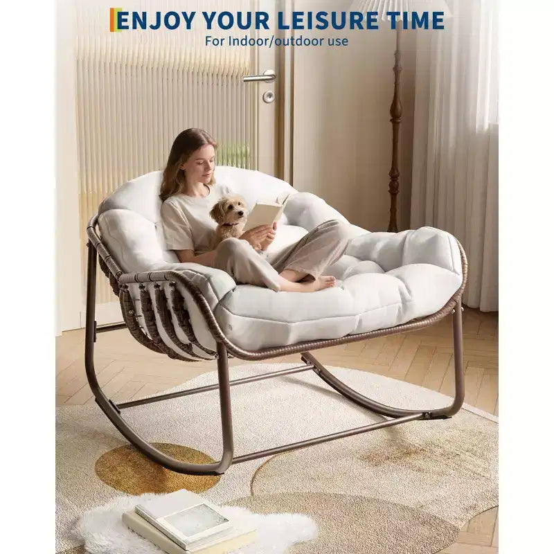 Rattan Oversized Papasan Rocking Chair with Thick White Cushion, Adult Egg Rocker & Lounge Seat for Outdoor Patio & Living Room Reading