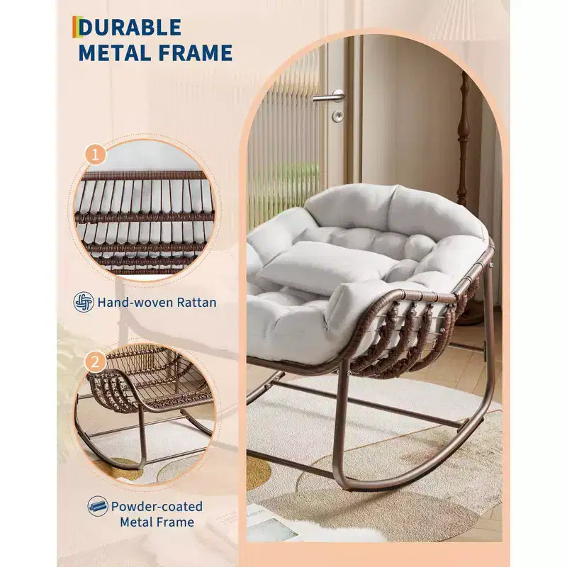 Rattan Oversized Papasan Rocking Chair with Thick White Cushion, Adult Egg Rocker & Lounge Seat for Outdoor Patio & Living Room Reading