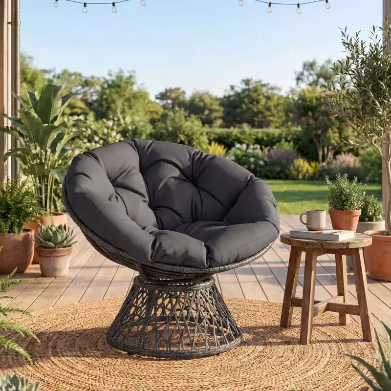 Gymax 360-DegreeSwivel Papasan Chair Round Wicker Lounge Chair w/Thick Cushion&Metal Frame