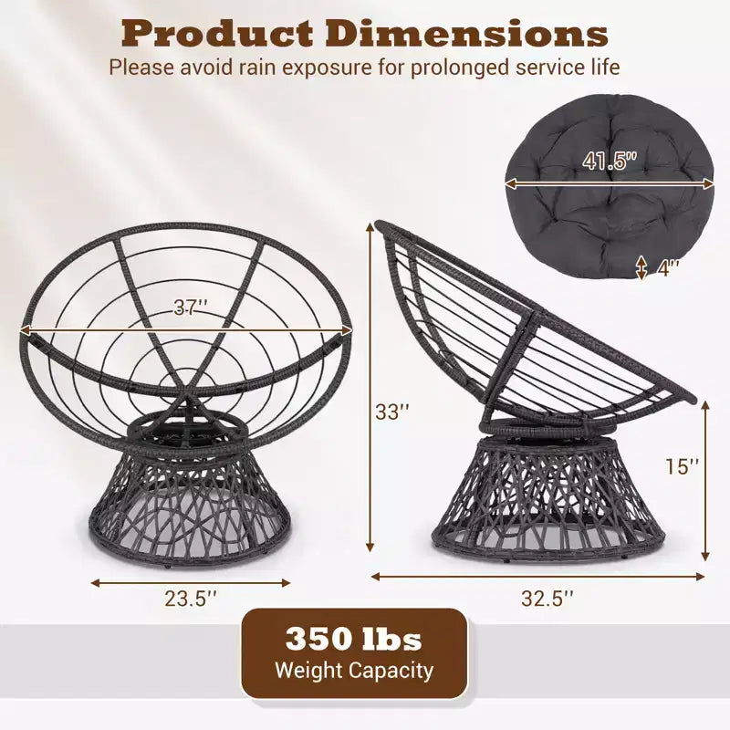 Gymax 360-DegreeSwivel Papasan Chair Round Wicker Lounge Chair w/Thick Cushion&Metal Frame