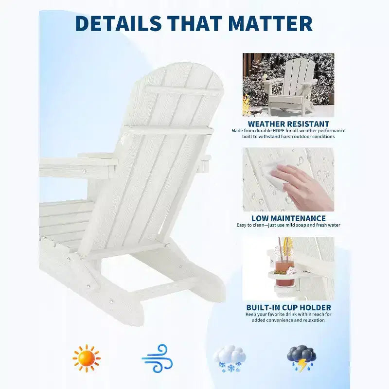 Folding Adirondack Patio Chair | Weather Resistant HDPE, 380 lbs Capacity | Collapsible & Durable with Wood Grain Texture | Ideal for Deck, Lawn