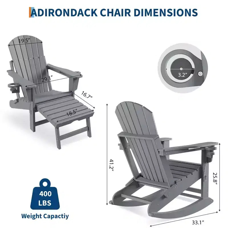Folding Adirondack Rocking Chair Set  Outdoor Patio Rockers with Retractable Ottoman, Footrest & Cup Holder, Garden Chair for Lawn, Porch  2 Pack