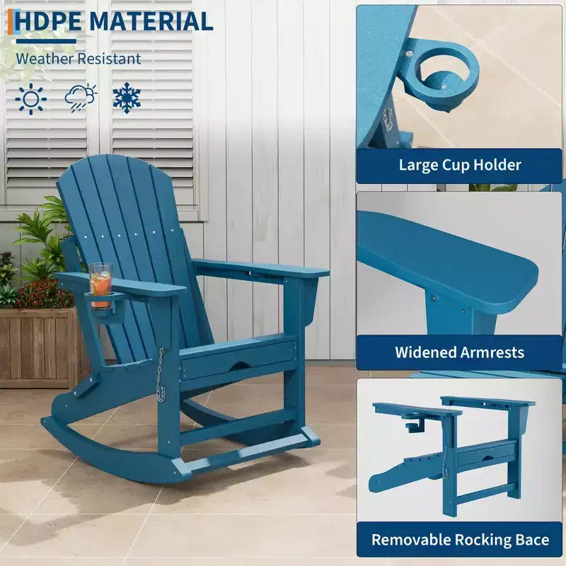 Adirondack Outdoor Rocking Chairs with Two Cup Holders, HDPE All Weather Outdoor Adirondacks Rocking Chair with Retractable Ottoman
