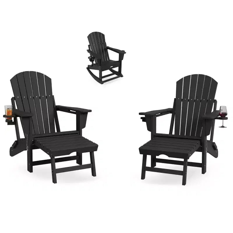 Adirondack Outdoor Rocking Chairs with Two Cup Holders, HDPE All Weather Outdoor Adirondacks Rocking Chair with Retractable Ottoman