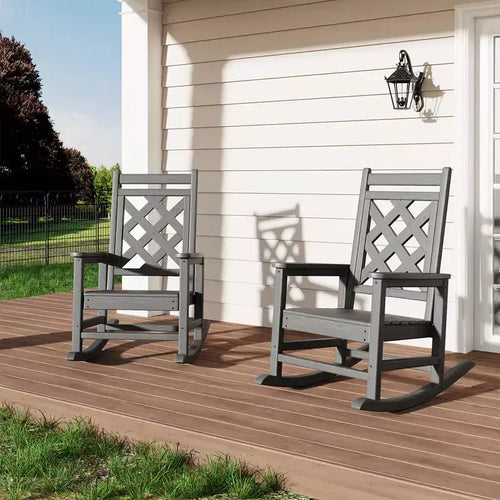 2 sedie a dondolo Adirondack da esterno, in HDPE resistente alle intemperie per patio e veranda - Capacità 172 kg, texture legno, schienale ergonomico ampio