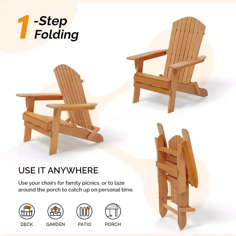 VINGLI Folding Adirondack Chairs Set of 2, Wood Adirondack Chair for Outdoor, Foldable Fire Pit Chairs for Patio, BBQ, Porch, Yard, Pool