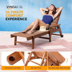 VINGLI Sdraio da esterno in legno con schienale regolabile, sedia a sdraio da spiaggia e piscina con portabicchieri e ruote
