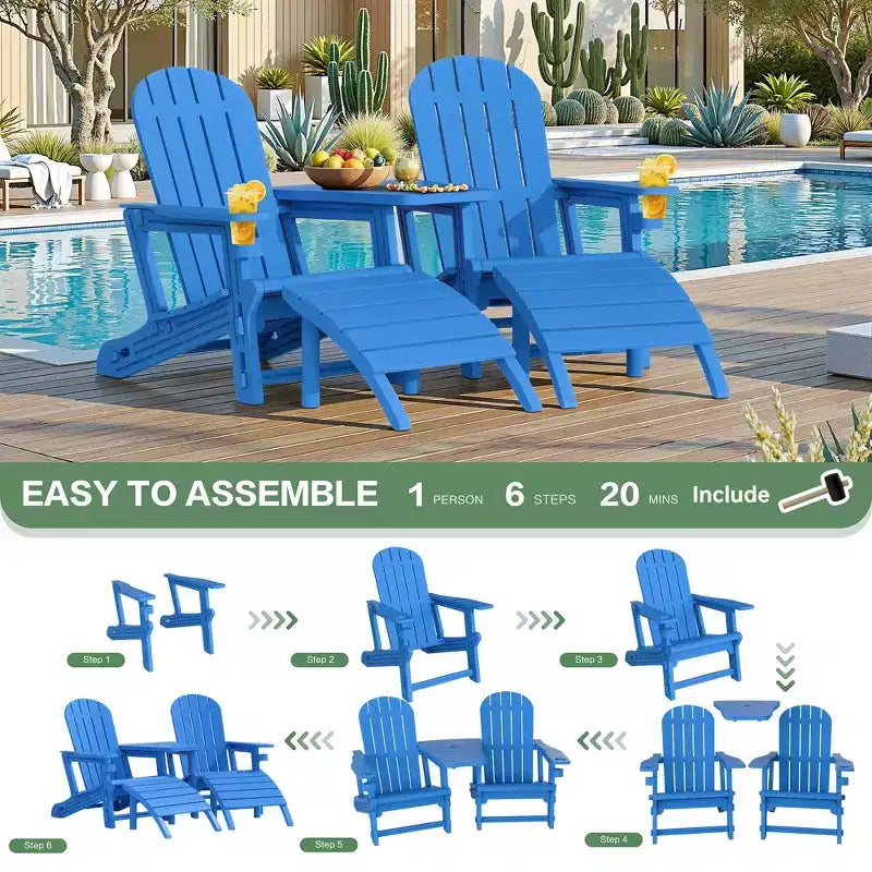 Celebalcony Adirondack Chairs Set with Umbrella Hole Removable Tray & 2 Curved Ottoman, HDPE Plastic Outdoor Chairs for Patio Pool
