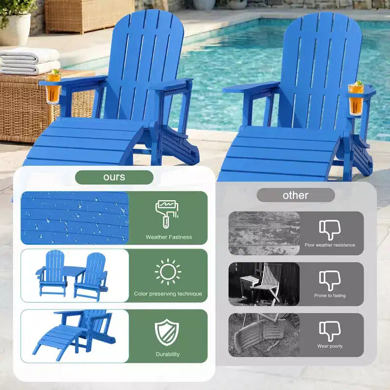 Celebalcony Adirondack Chairs Set with Umbrella Hole Removable Tray & 2 Curved Ottoman, HDPE Plastic Outdoor Chairs for Patio Pool
