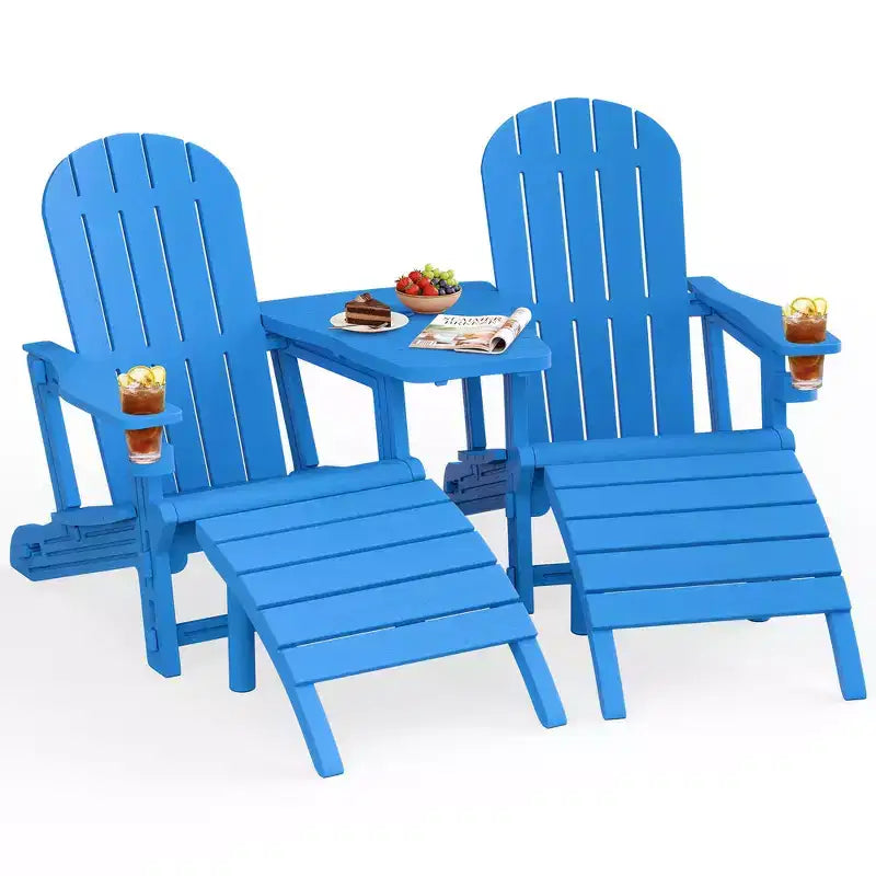 Celebalcony Adirondack Chairs Set with Umbrella Hole Removable Tray & 2 Curved Ottoman, HDPE Plastic Outdoor Chairs for Patio Pool