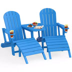 Celebalcony Adirondack Chairs Set with Umbrella Hole Removable Tray & 2 Curved Ottoman, HDPE Plastic Outdoor Chairs for Patio Pool