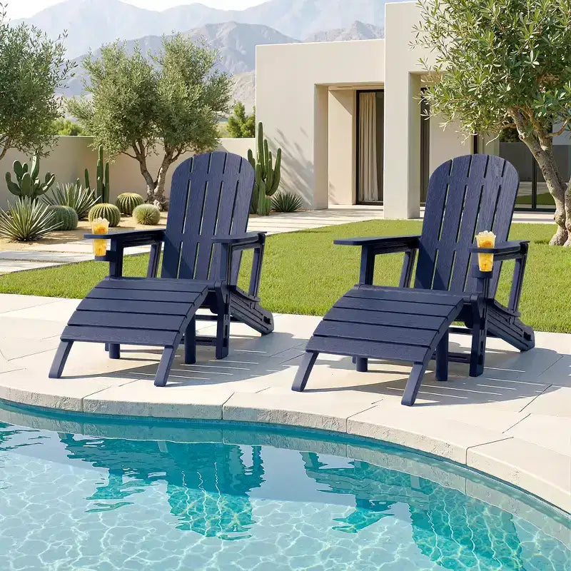 Celebalcony Adirondack Chairs Set with Umbrella Hole Removable Tray & 2 Curved Ottoman, HDPE Plastic Outdoor Chairs for Patio Pool