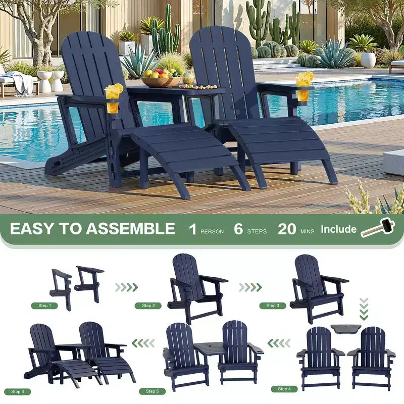 Celebalcony Adirondack Chairs Set with Umbrella Hole Removable Tray & 2 Curved Ottoman, HDPE Plastic Outdoor Chairs for Patio Pool