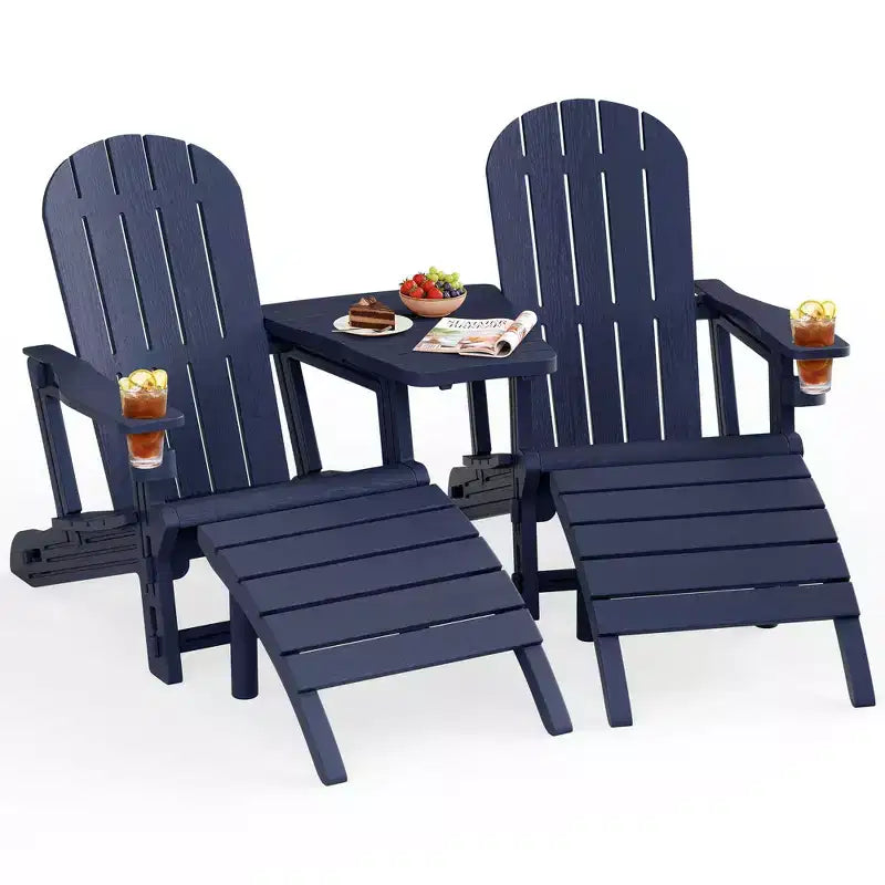 Celebalcony Adirondack Chairs Set with Umbrella Hole Removable Tray & 2 Curved Ottoman, HDPE Plastic Outdoor Chairs for Patio Pool